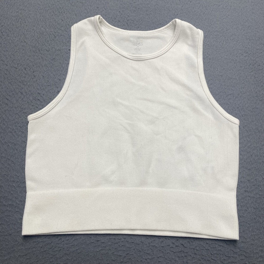Aura Tank Top Womens Small White Basic Ribbed Cropped Round Neck Stretch Knit